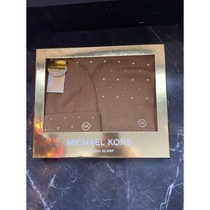 Michael Kors NEW Authentic 2-PC Gift Set Studded Hat & Scarf Brown Acrylic